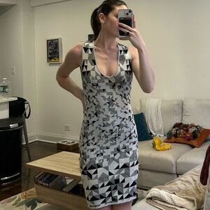 BCBGMaxAzria Blue and Gray Geometric Midi Dress